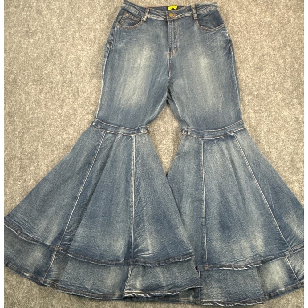 Love Highlight P230 Jeans Womens L Extreme Bell Bottom Tiered Flare Y2K Festival - Picture 2 of 12